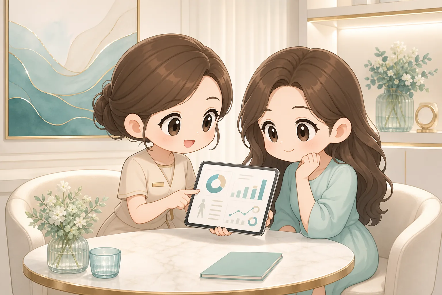 Q 版流程情境示意：代謝與生活資料評估，非真實個案、非療程前後比較