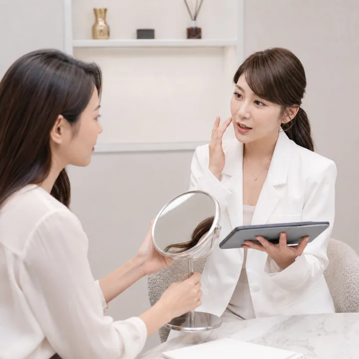 醫美療程評估諮詢情境,醫療人員與個案討論膚況與外觀需求